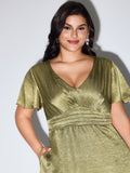 Shimmery Flared Sleeve V-Neck Midi Party Dress