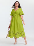 Ruched Bodice Embroidered Cut Out Midi Dress