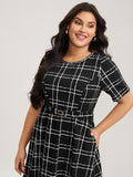 Grid Print Knit Belted Midi Dress