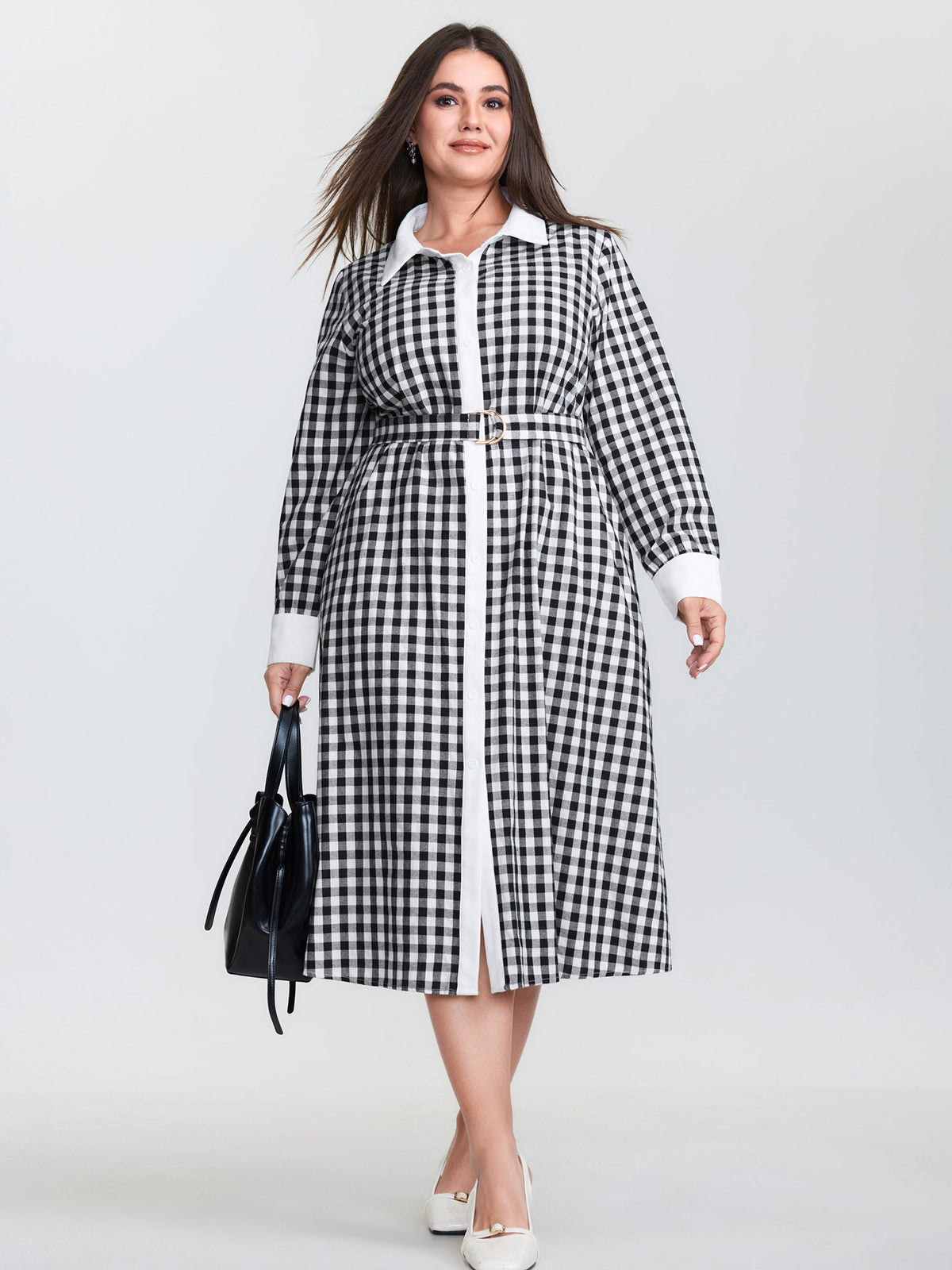 Checkered Pattern Color Contrast Shirt Midi Dress