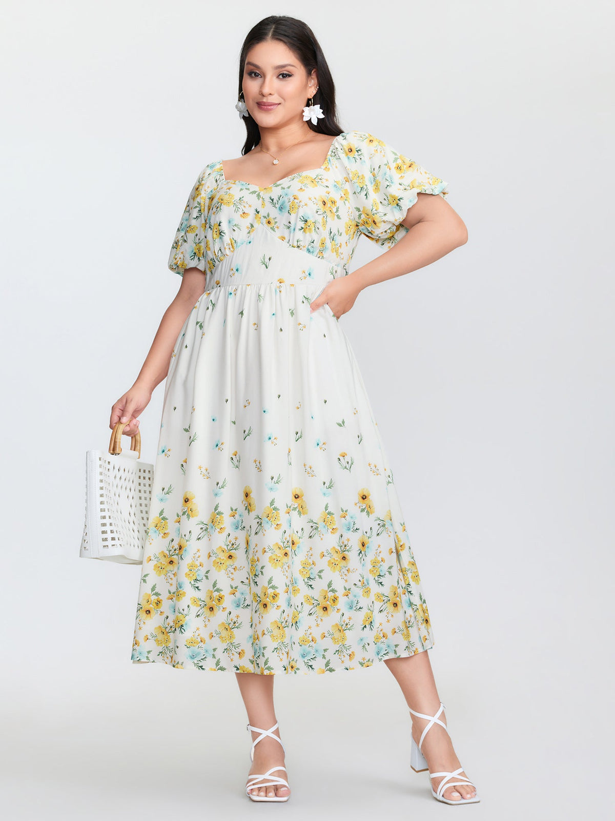 Floral Print Shirred Bodice Triangular Waist Midi Dress