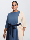 Colorblock Belted Round Neck Midi Dress