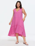 Cotton Ribbon Shoulder Tie V-Neck Flowy Midi Dress