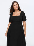 Classic Square Neckline Plain Midi Dress