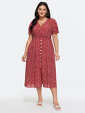 Micro Floral Print Button Split Hem Midi Dress