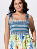 Floral Print Shirred Shoulder Tie Maxi Dress
