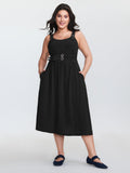 Wide Straps Belted Buckle Detail Midi Dress