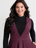 Corduroy Stretchy Waist V-Neck Mini Dress