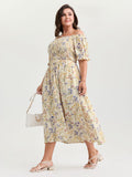 Vanilla Print Shirred Off-Shoulder Midi Dress