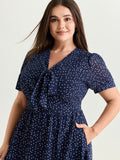 Pretty Polka Dots Ribbon Neckline Midi Dress