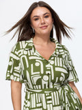 Geometric Print Pockets Collared Midi Dress
