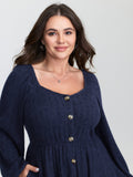 Textured Stretchy Waist Button Detail Midi Dress