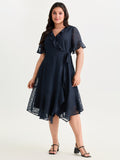 Ruffled Neckline Wrap Sheer Hem Midi Dress