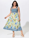 Floral Print Shirred Shoulder Tie Maxi Dress