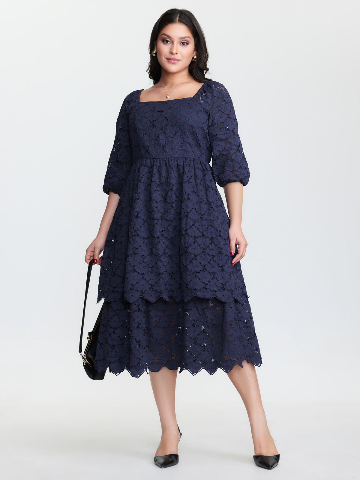 Lace Trim Stretchy Waist Tiered Midi Dress