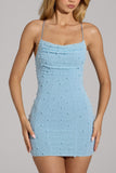 Embellished Cowl Neck Mini Dress in Sky Blue