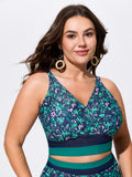 Colorful Floral Print Surplice Neckline Swim Top