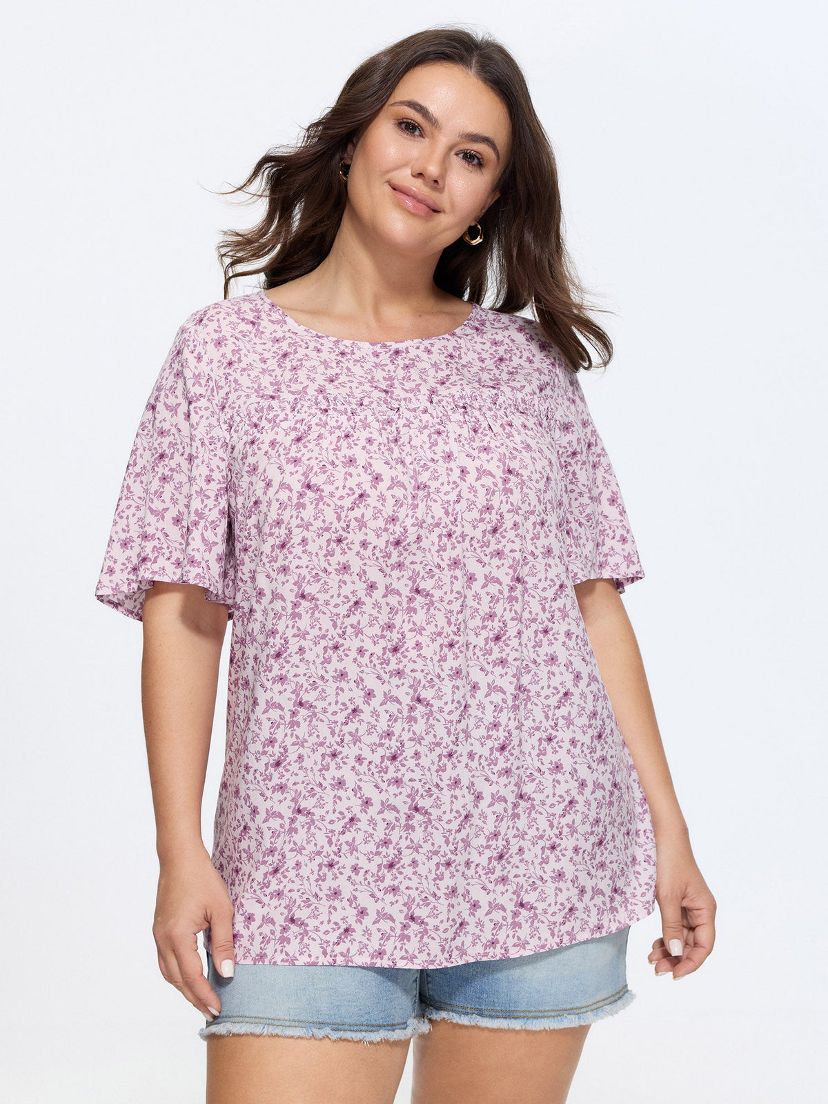 Floral Ruffle Sleeve Gathered Round Neck Blouse