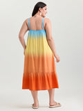 Ombre Drawstring Neckline Tiered Midi Dress