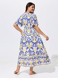 Majolica Print Shirred Waist Flowy Maxi Dress