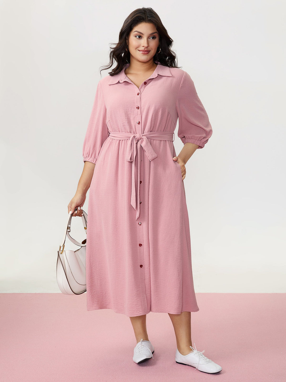 Layered Pleated Waist-Tie Shirt Dress
