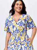 Majolica Print Shirred Waist Flowy Maxi Dress