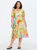 Supersoft Colorful Abstract Print Bubble Sleeve Midi Dress