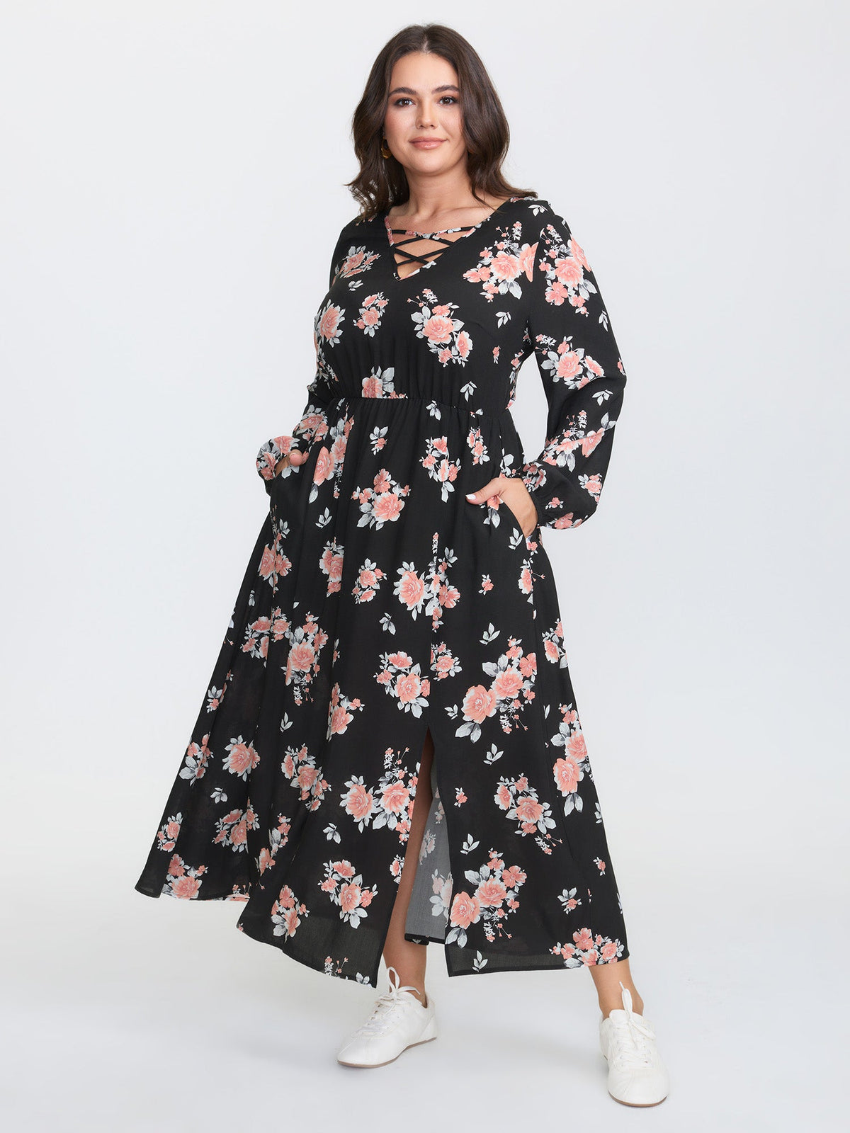 Floral Print Cut-Out Neck Slit Maxi Dress