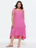 Cotton Ribbon Shoulder Tie V-Neck Flowy Midi Dress