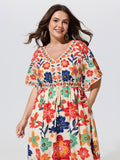 Floral Print Drawstring Waist Tiered Midi Dress