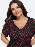 Cotton Floral Print V Neck Side Drawstring T-Shirt