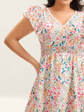 Sweet Floral Print Lace Neck Midi Dress