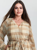 Grid Pattern Waist-Tie Flowy Midi Dress
