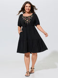 Floral Embroidered Neckline Tiered Mini Dress
