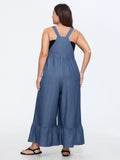 Overall Straps Ruffled Hem Pockets  Faux Denim Jumpsuit