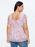 Soft Floral Lace Scallop Neck Flutter Sleeve Peplum Top