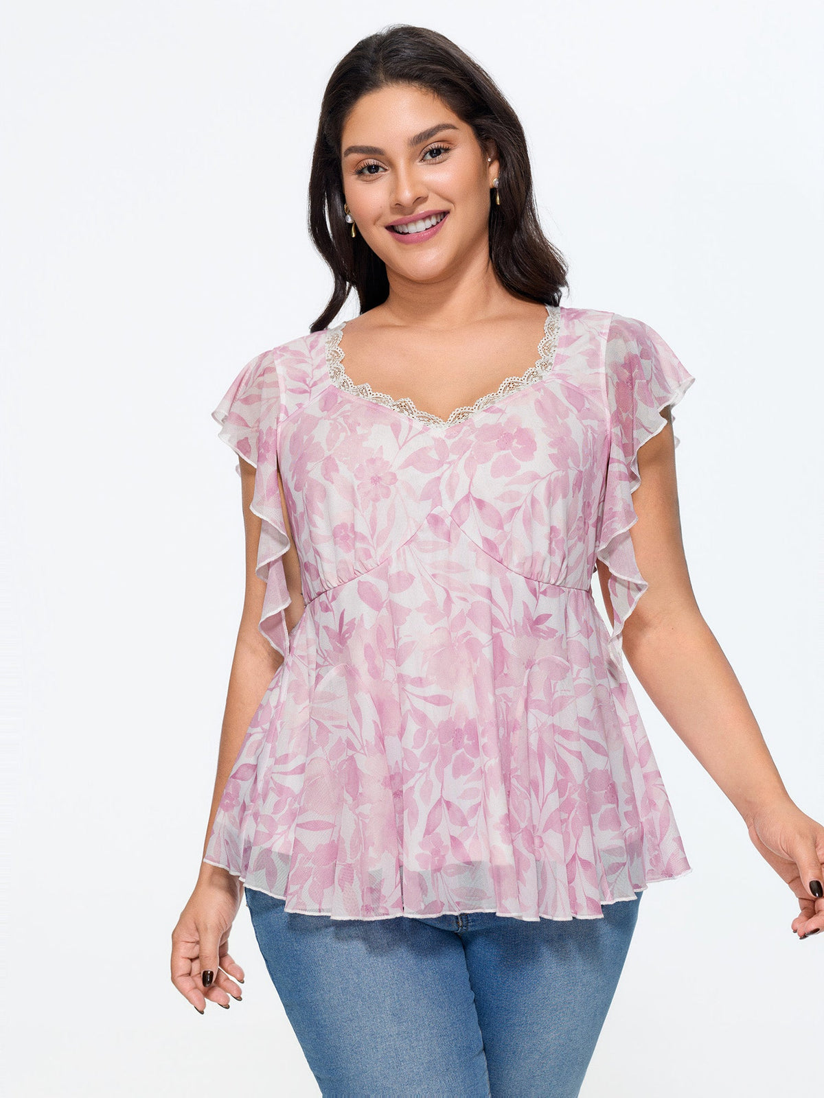 Soft Floral Lace Scallop Neck Flutter Sleeve Peplum Top