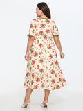 Strawberry Print Lace Detail Pockets Midi Dress