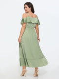Satin Off-Shoulder Wrap Hem Maxi Dress