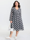 Checkered Pattern Shirred Waist Midi Dress