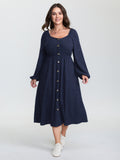 Textured Stretchy Waist Button Detail Midi Dress