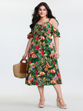 Vibrant Tropical Print Off-Shoulder Midi Dress