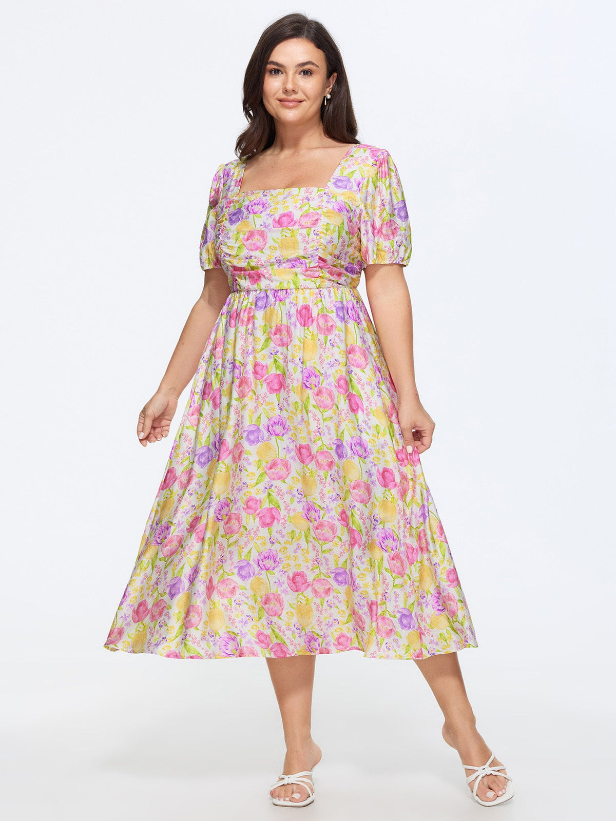 Supersoft Floral Print Pleated Bodice Square Neckline Midi Dress