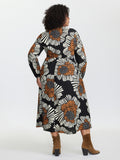 Large Floral Print Notched Collar Midi Dress