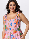 Supersoft Tropical Vacation Print Shirred Midi Dress