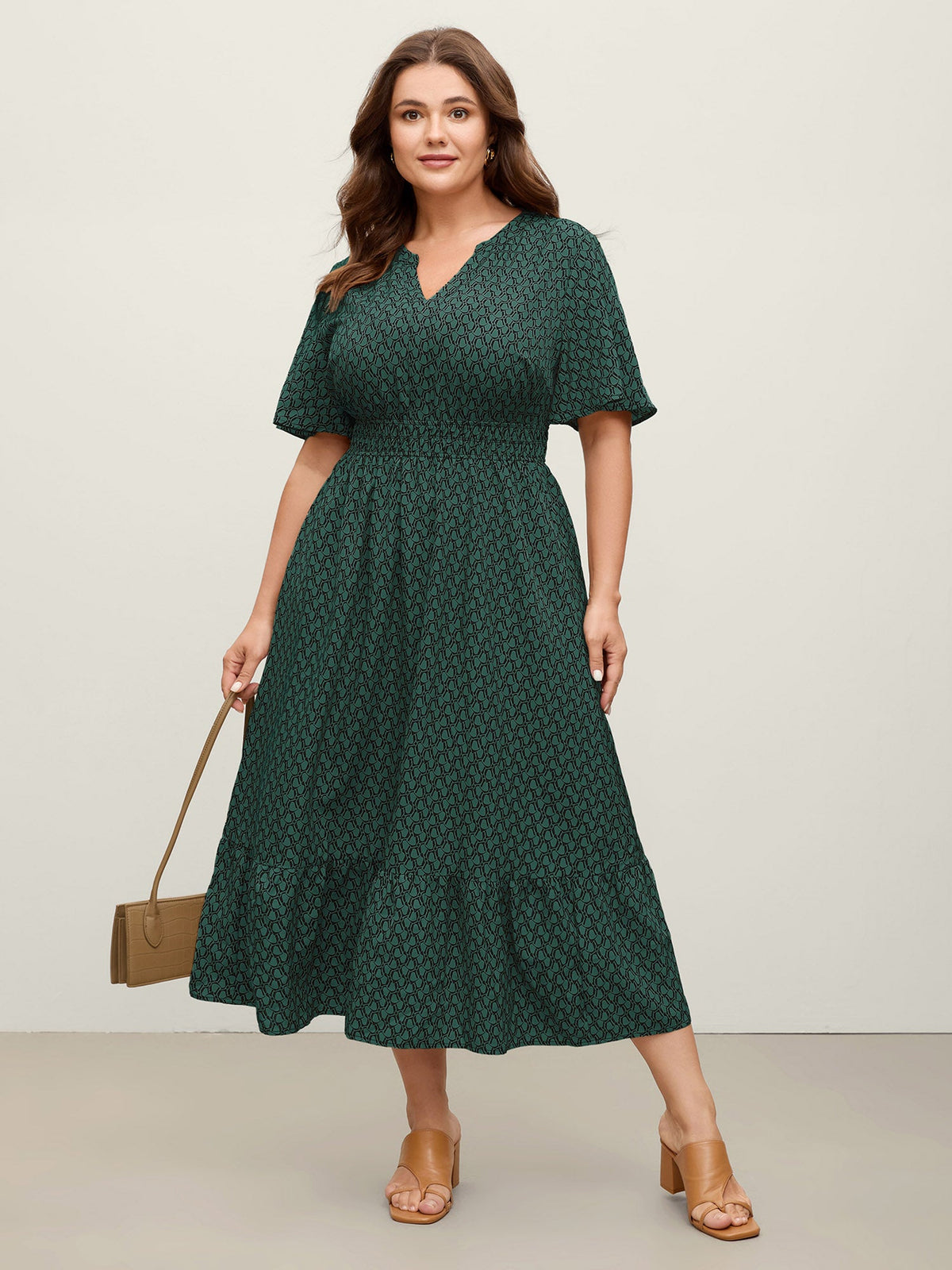 Geometric Print Waist-Cinched Tiered Midi Dress