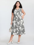 Striped Floral Print Notched Collar Midi Dress