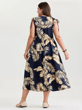 Tropical Print Wrap Neck Shoulder-Tie Midi Dress