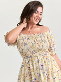 Vanilla Print Shirred Off-Shoulder Midi Dress