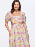 Supersoft Floral Print Pleated Bodice Square Neckline Midi Dress